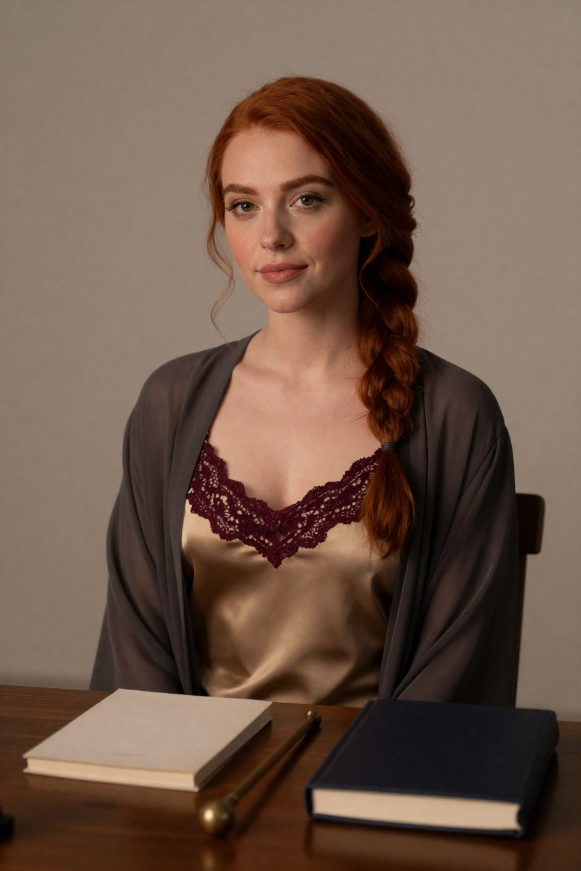 Fictional 26-year-old woman, copper-red hair in a loose polished braid over one shoulder, fair skin with